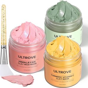 3 Pcs Clay Mask Set, Green Tea, Turmeric Vitamin C, Himalayan Clay Mask, Facial Skin Care Mask for Deep Cleansing, Soothing & Refining Pores(3.5oz each)