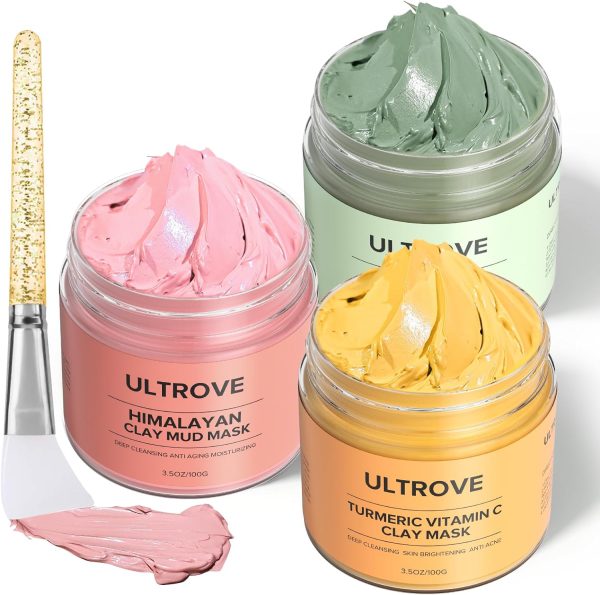 3 Pcs Clay Mask Set, Green Tea, Turmeric Vitamin C, Himalayan Clay Mask, Facial Skin Care Mask for Deep Cleansing, Soothing & Refining Pores(3.5oz each)