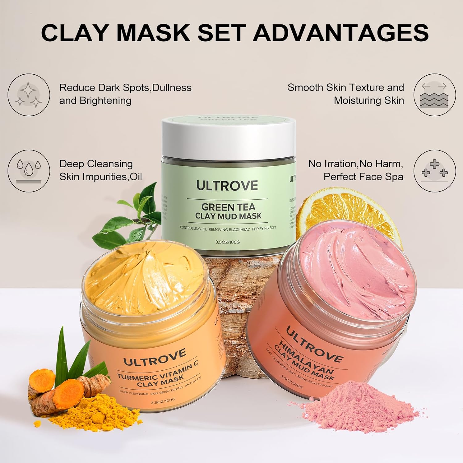 3 Pcs Clay Mask Set, Green Tea, Turmeric Vitamin C, Himalayan Clay Mask, Facial Skin Care Mask for Deep Cleansing, Soothing & Refining Pores(3.5oz each) - Image 2