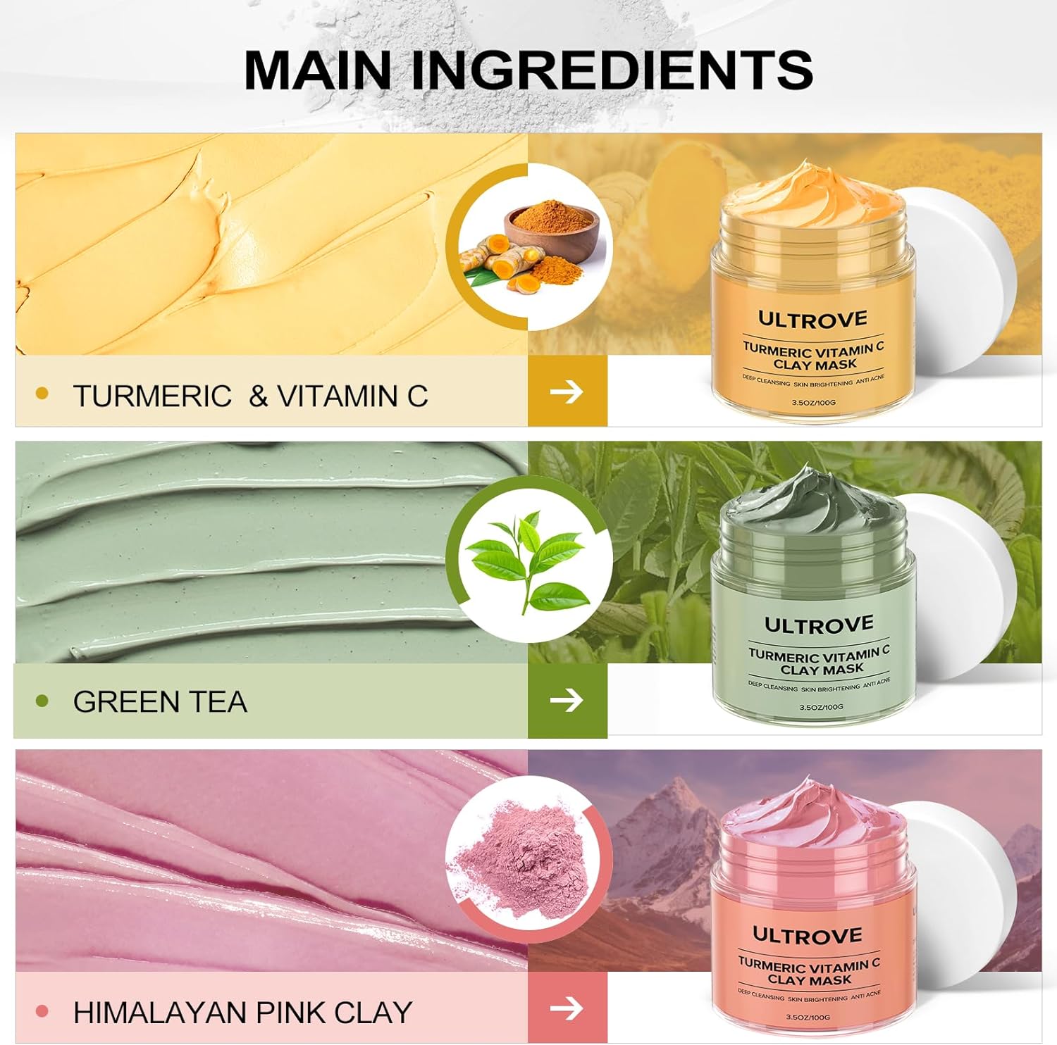 3 Pcs Clay Mask Set, Green Tea, Turmeric Vitamin C, Himalayan Clay Mask, Facial Skin Care Mask for Deep Cleansing, Soothing & Refining Pores(3.5oz each) - Image 3