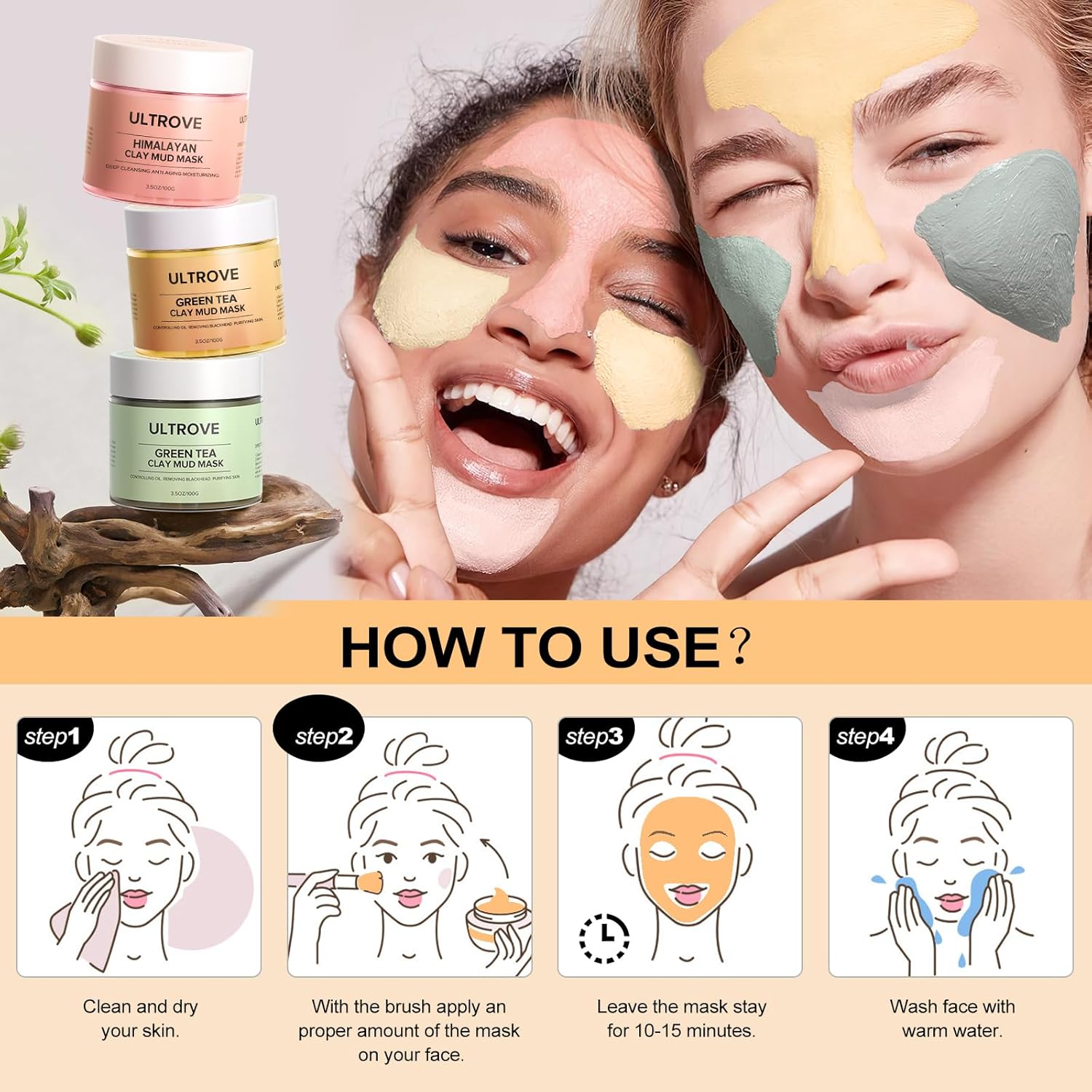 3 Pcs Clay Mask Set, Green Tea, Turmeric Vitamin C, Himalayan Clay Mask, Facial Skin Care Mask for Deep Cleansing, Soothing & Refining Pores(3.5oz each) - Image 8