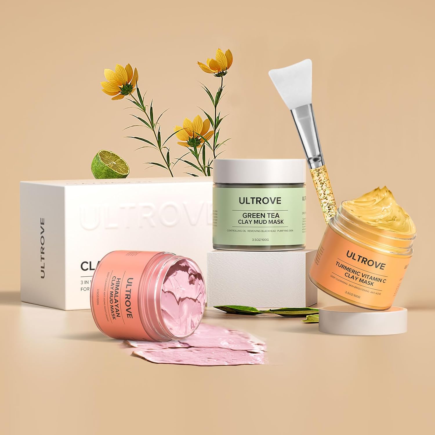 3 Pcs Clay Mask Set, Green Tea, Turmeric Vitamin C, Himalayan Clay Mask, Facial Skin Care Mask for Deep Cleansing, Soothing & Refining Pores(3.5oz each) - Image 9